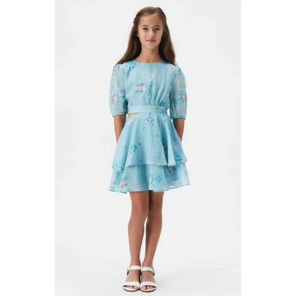 BARDOT Girls Cindy Floral Cut Out Dress Size 8 Blue Flora Short Sleeve NWT - Picture 1 of 12